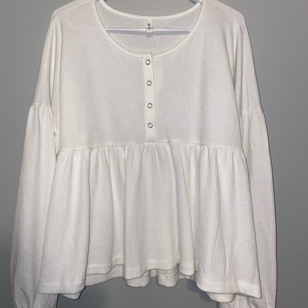 Waffle knit long sleeve blouse
